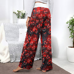 Red Face Skull Pattern Women's High-waisted Wide Leg Pants