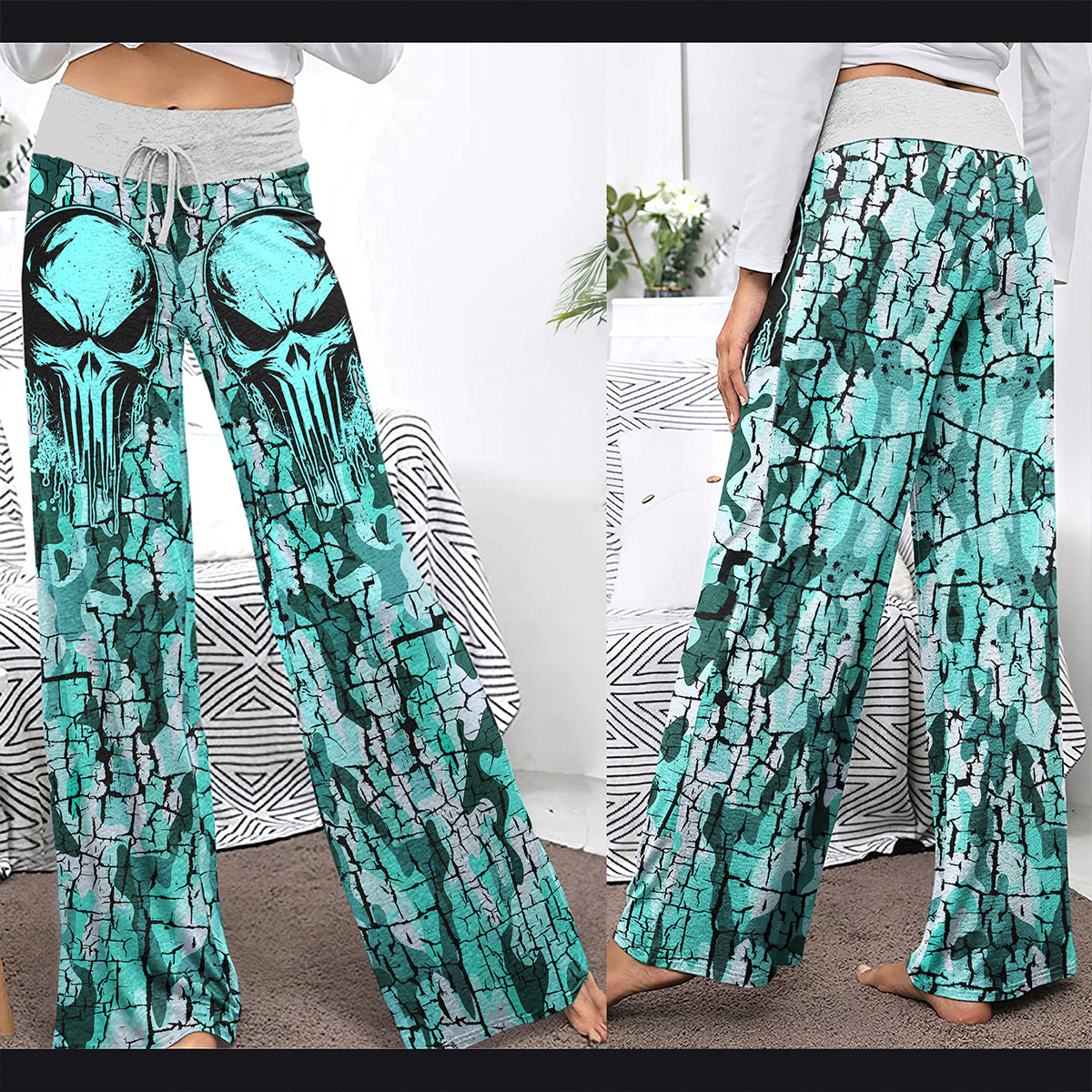 MintCream Skull Women's High-waisted Wide Leg Pants | Wonder Skull