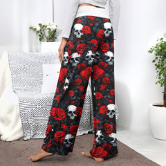 Skull Thorns Rose Pattern Women's High-waisted Wide Leg Pants