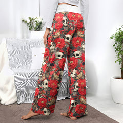 Red Skull Garden Pattern Women's High-waisted Wide Leg Pants