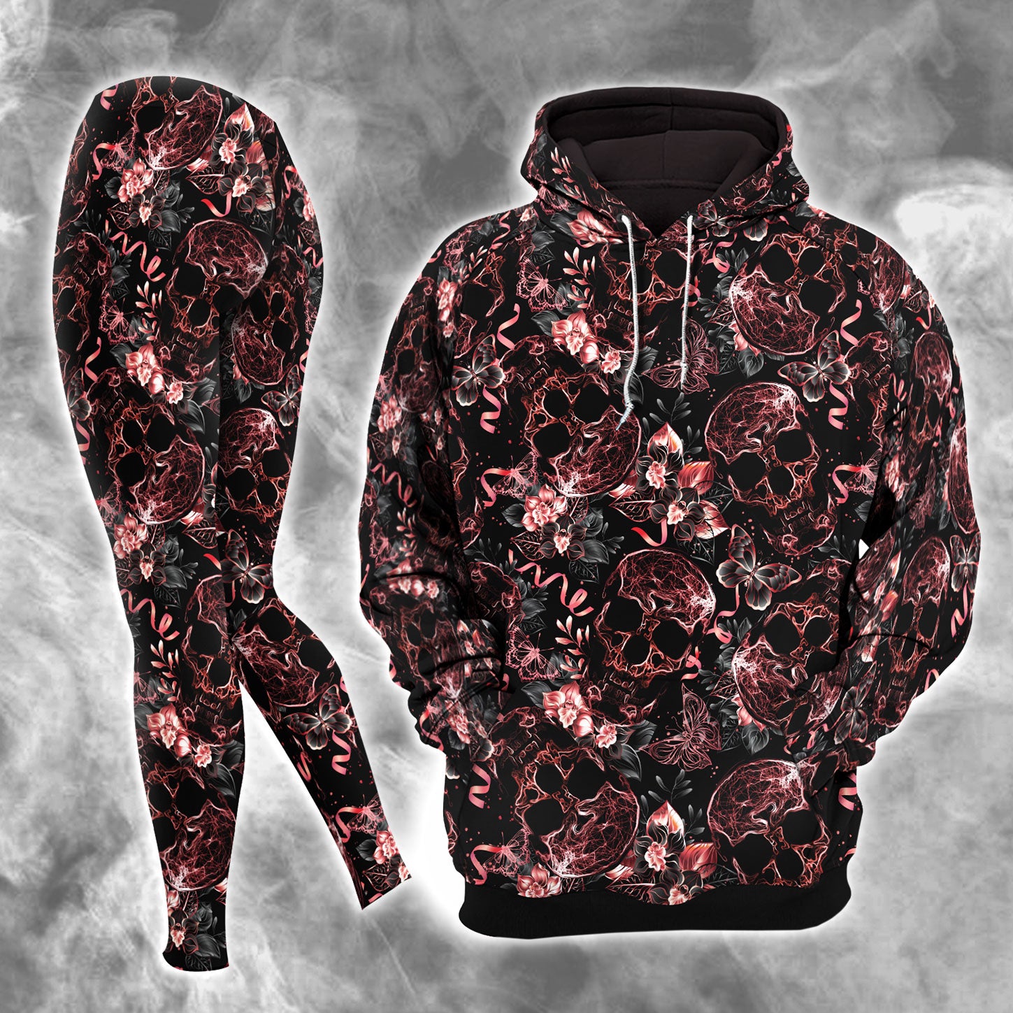 Skull Abstract Effect Butterfly Combo Hoodie and Leggings - Dark and edgy matching set with skull designs for a unique and stylish look.