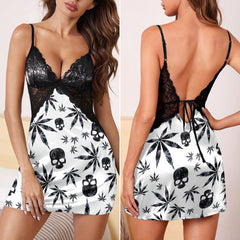 Black Skull Leaf Pattern Women's Back Lace Babydolls Nightgowns
