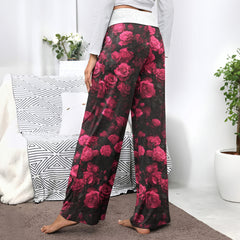 Pink Skull Rose Artwork Women's High-waisted Wide Leg Pants