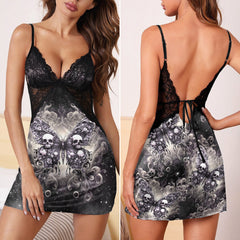 Tan Skull Butterfly Women's Back Lace Babydolls Nightgowns