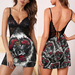 Couple Skeleton Rose Art Women's Back Lace Babydolls Nightgowns
