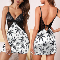 Black Leaf Pattern Women's Back Lace Babydolls Nightgowns