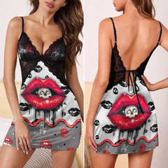 Red Skull Lip Pattern Women's Back Lace Babydolls Nightgowns