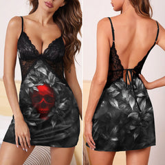 Red Skull Leaf Artwork Women's Back Lace Babydolls Nightgowns