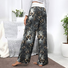 Tan Buterfly Skull Art Women's High-waisted Wide Leg Pants