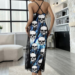 Neon Blue Skull Pattern Women's Lace Cami Sleepwear