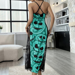 Cyan Paisley Skull Art Women's Lace Cami Sleepwear