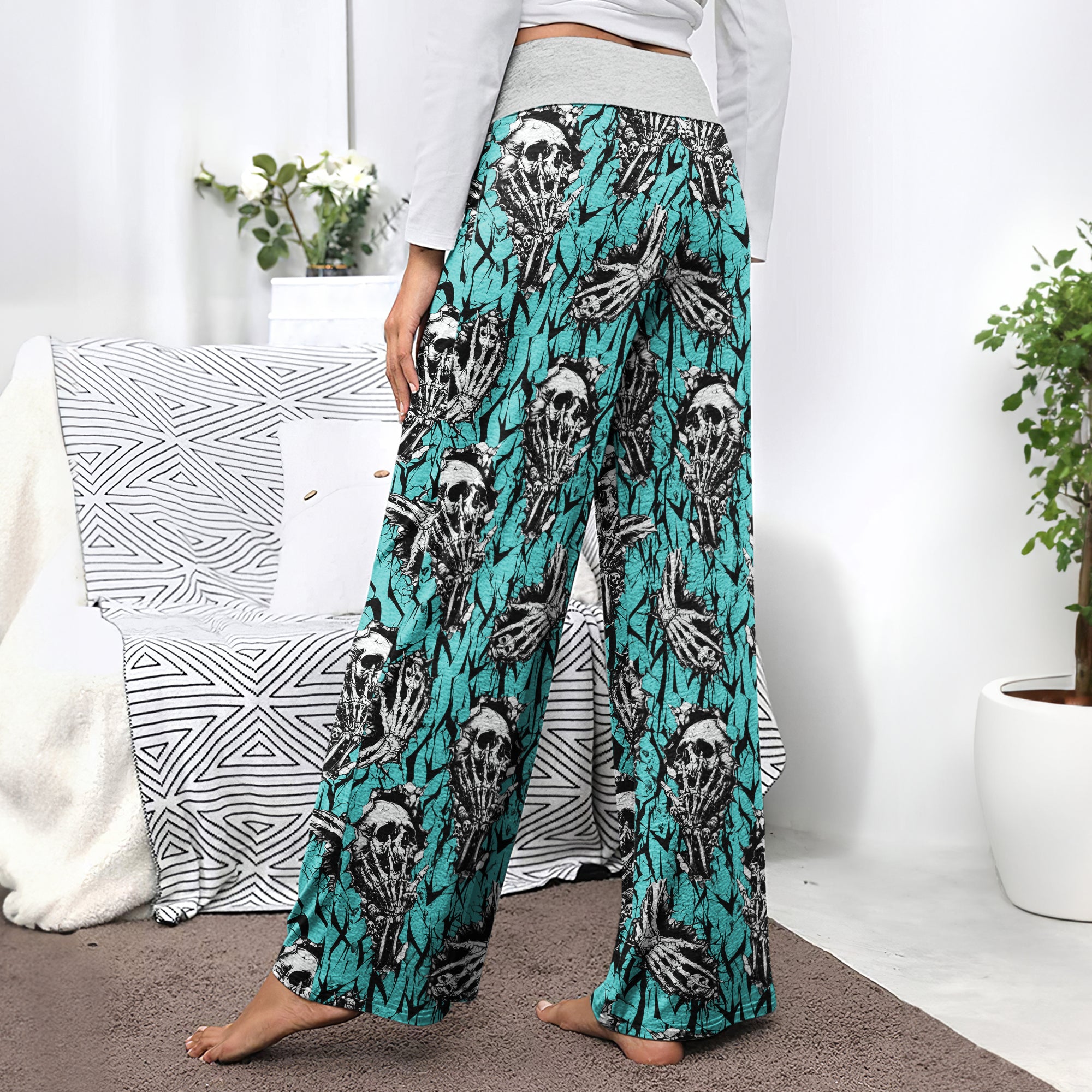 Cyan Skull Pattern Women's High-waisted Wide Leg Pants | Wonder Skull