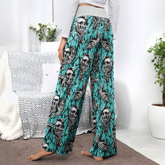 Cyan Skull Pattern Women's High-waisted Wide Leg Pants | Wonder Skull