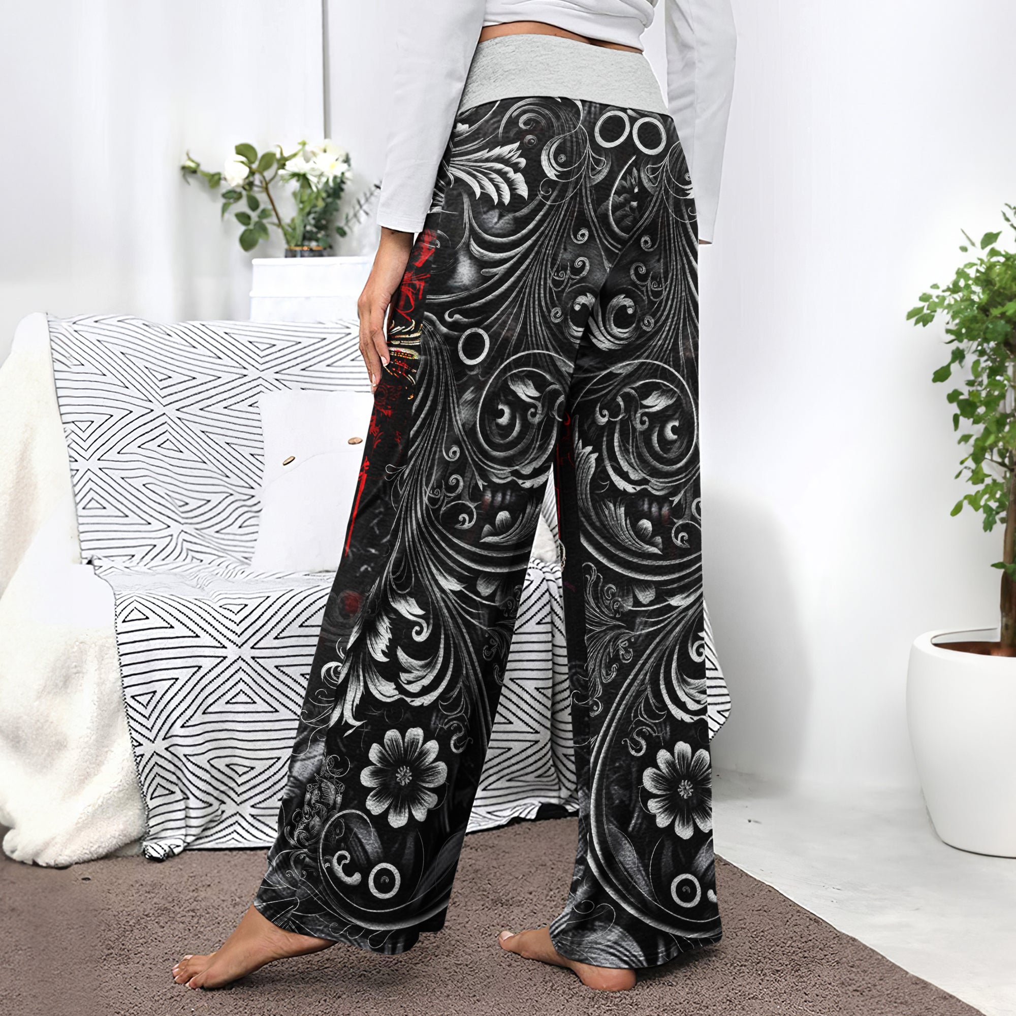 Red Cross Skull Art Women's High-waisted Wide Leg Pants | Wonder Skull