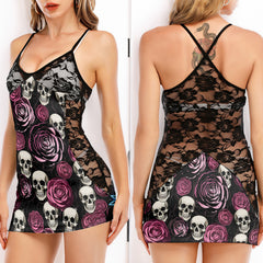 Pink Skull Rose Pattern Women's Black Lace Cami Dress Babydolls Nightgowns