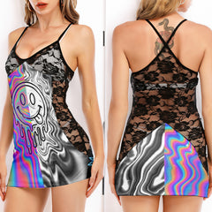 Holographic Drip Smile Women's Black Lace Cami Dress Babydolls Nightgowns