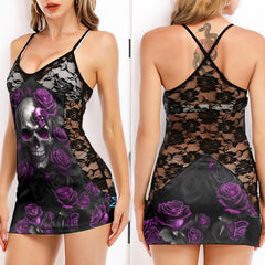 Purple Skull Rose Art Women's Black Lace Cami Dress Babydolls Nightgowns