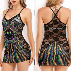 Rainbow Skull Meltdown Women's Black Lace Cami Dress Babydolls Nightgowns