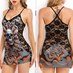 Orange Wave Skull Art Women's Black Lace Cami Dress Babydolls Nightgowns