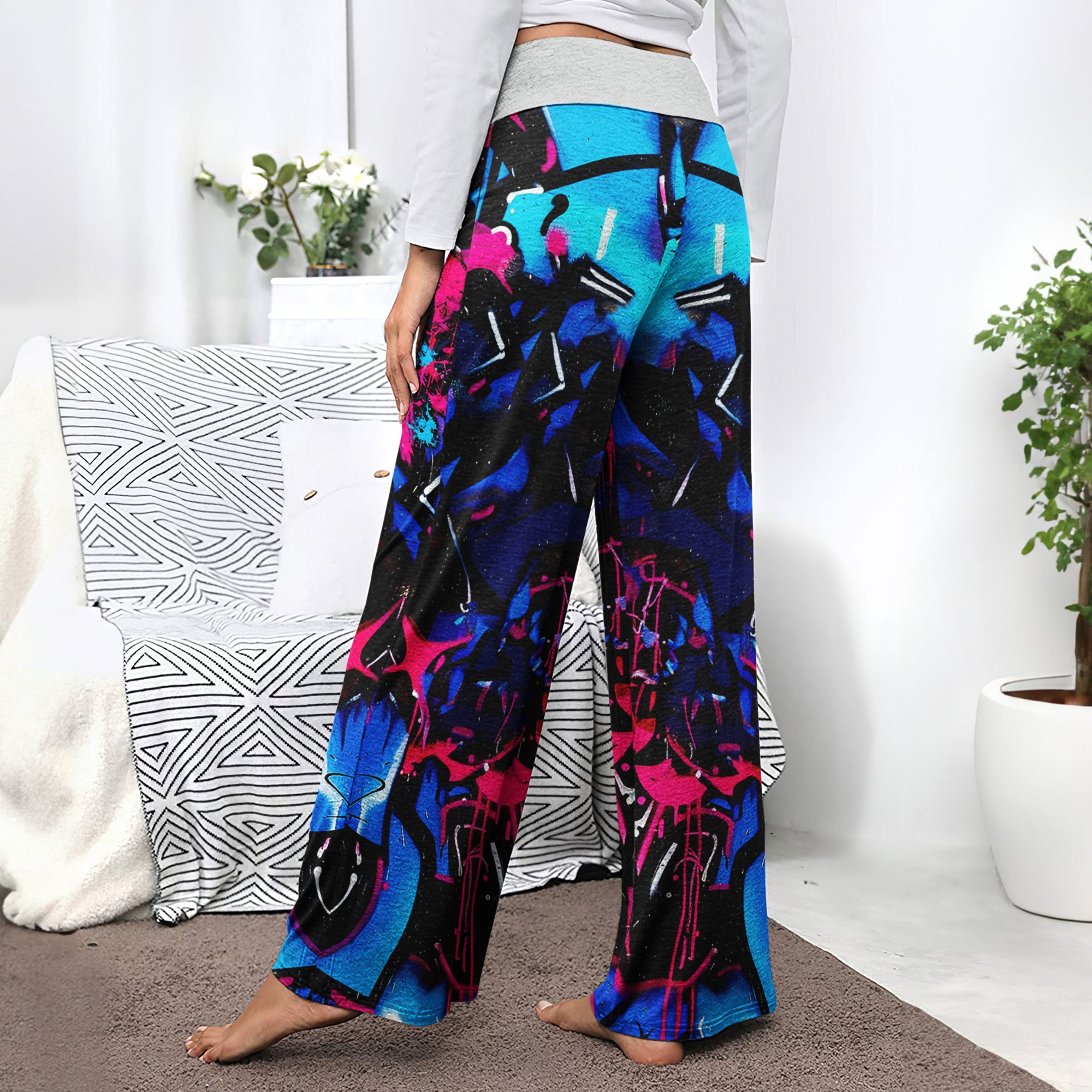 Blue Scary Graffiti Art Women's High-waisted Wide Leg Pants | Wonder Skull