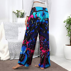 Blue Scary Graffiti Art Women's High-waisted Wide Leg Pants | Wonder Skull