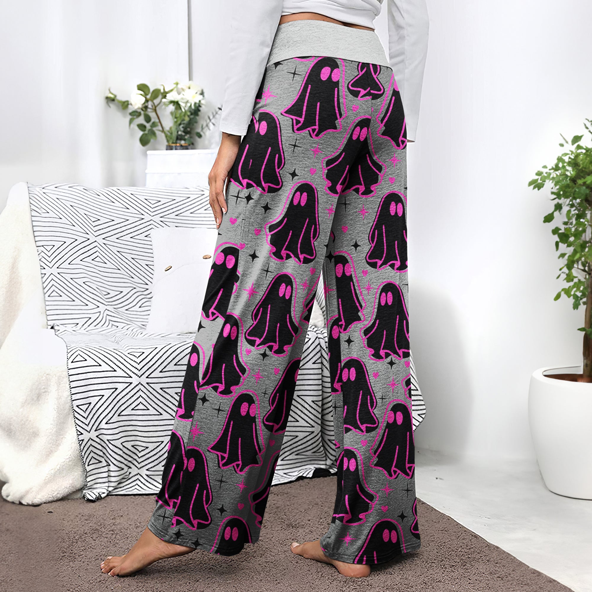 Pink Boo Pattern Women's High-waisted Wide Leg Pants | Wonder Skull
