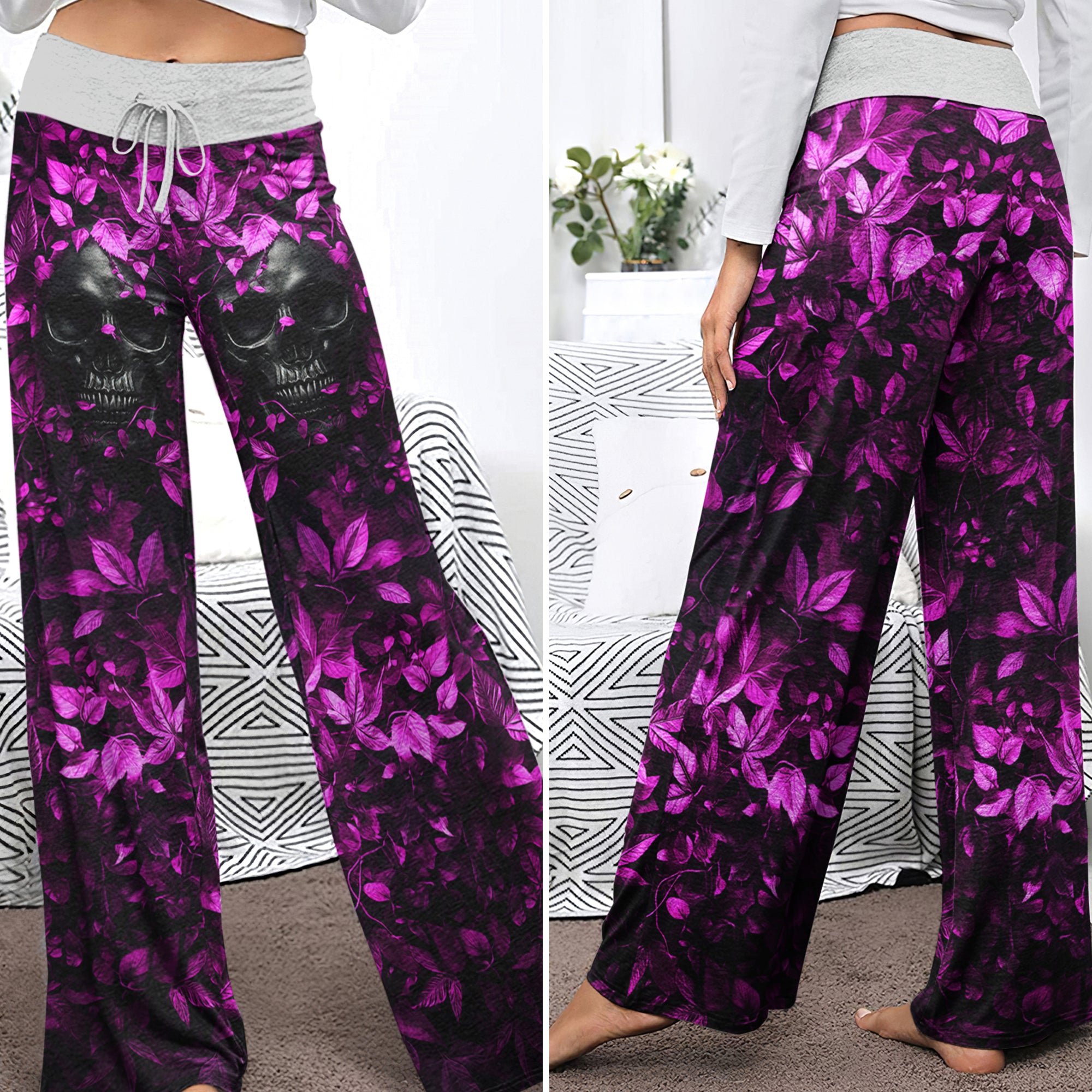 Pink Leaf Skull Art Women's High-waisted Wide Leg Pants | Wonder Skull