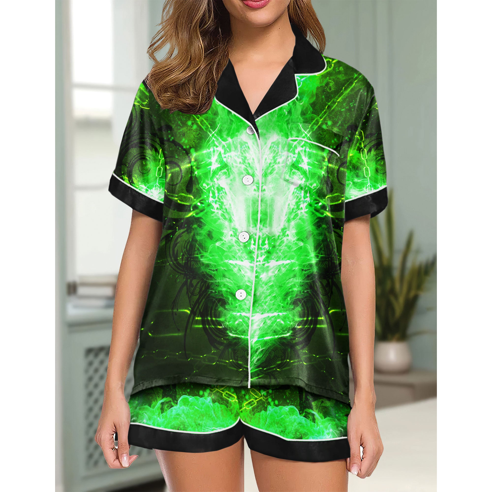 Chic and stylish women's pajama set with unique design prints and statement sleeves, Soft and luxurious fabrics make this pajama set perfect for bedtime or lounging at home.