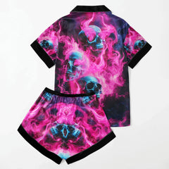Pink Skull Flaming Women's Pajama Sets Top Sleeve & Short Bottom
