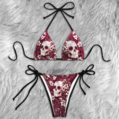 Vintage Floral Skull Pattern Micro Triangle Bikini Swimsuit