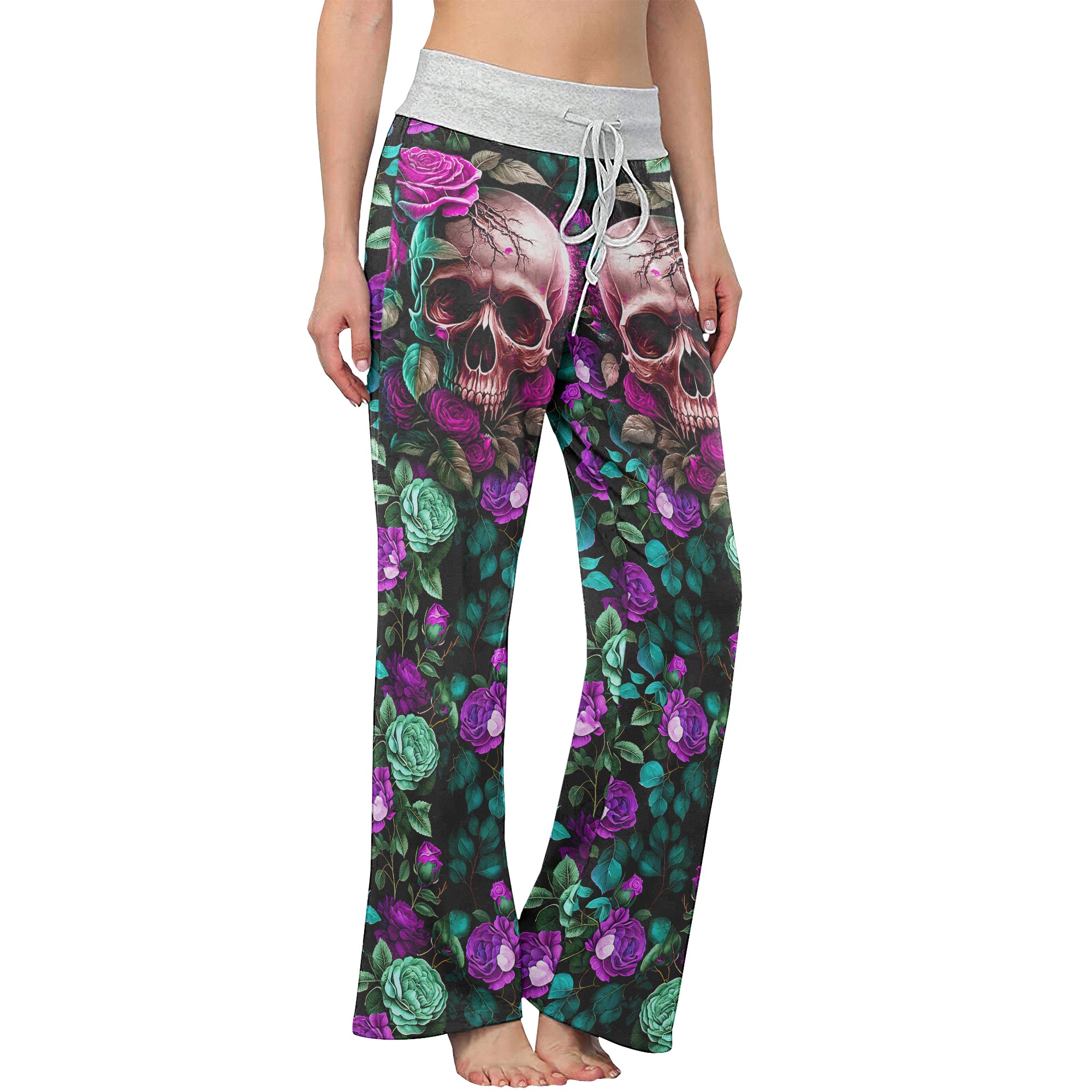 Purple Skull Flower Women's High-waisted Wide Leg Pants | Wonder Skull