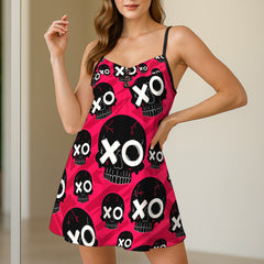 Crimson Chaos Skulls Short Cami Dress