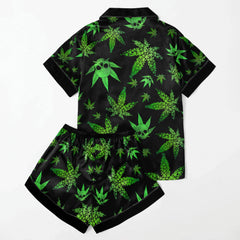 Green Skull Leaf Pattern Women's Pajama Sets Top Sleeve & Short Bottom