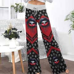 Black Red Skull Lip Women's High-waisted Wide Leg Pants