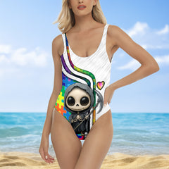 One Piece Bikini Cute Grim Reaper Rainbow Print Swimwear