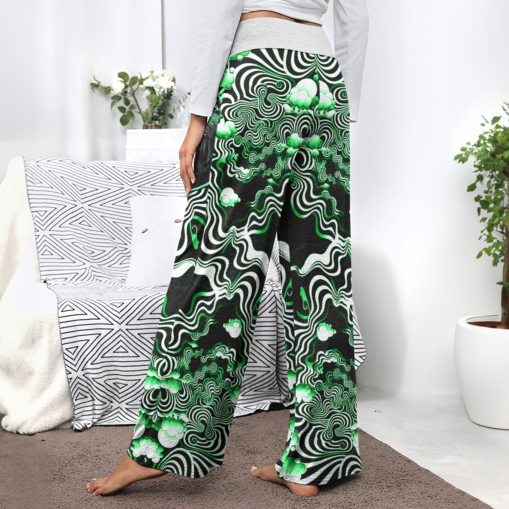 Green Nightmare Art Effect Women's High-waisted Wide Leg Pants | Wonder Skull