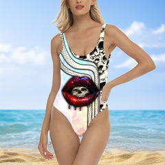 One Piece Bikini Red Skull Kiss Bathing Print Swimwear