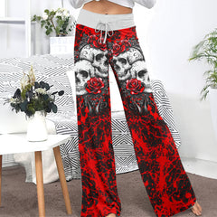 Red Skull Rose Art Women's High-waisted Wide Leg Pants