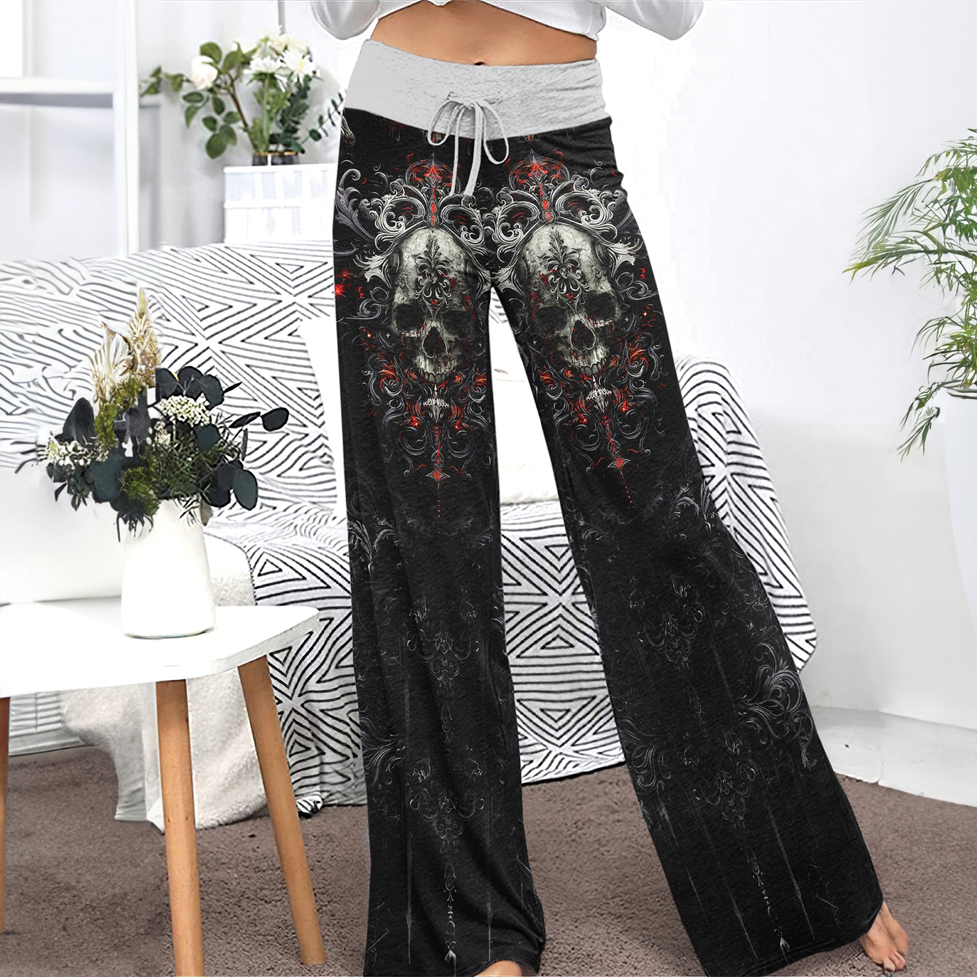 Grey Skull Gothic Art Women's High-waisted Wide Leg Pants | Wonder Skull