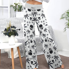 Black Skull Leaf Pattern Women's High-waisted Wide Leg Pants