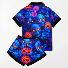 Blue Skull Flower Women's Pajama Sets Top Sleeve & Short Bottom