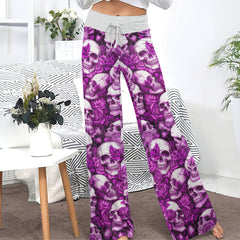 Purple Skull Rose Pattern Women's High-waisted Wide Leg Pants