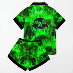 Green Faming Skull Women's Pajama Sets Top Sleeve & Short Bottom