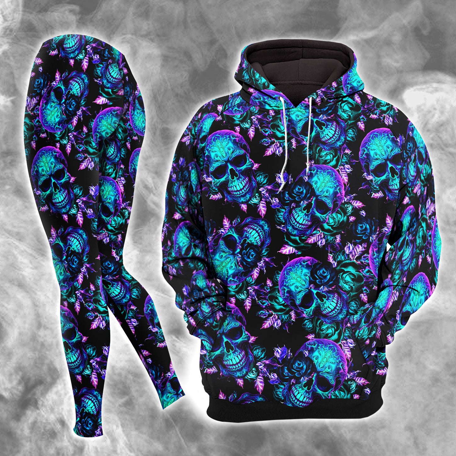 Cyan Skull Rose Gothic Combo Hoodie and Leggings - Dark and edgy matching set with skull designs for a unique and stylish look.
