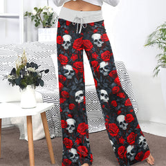 Skull Thorns Rose Pattern Women's High-waisted Wide Leg Pants
