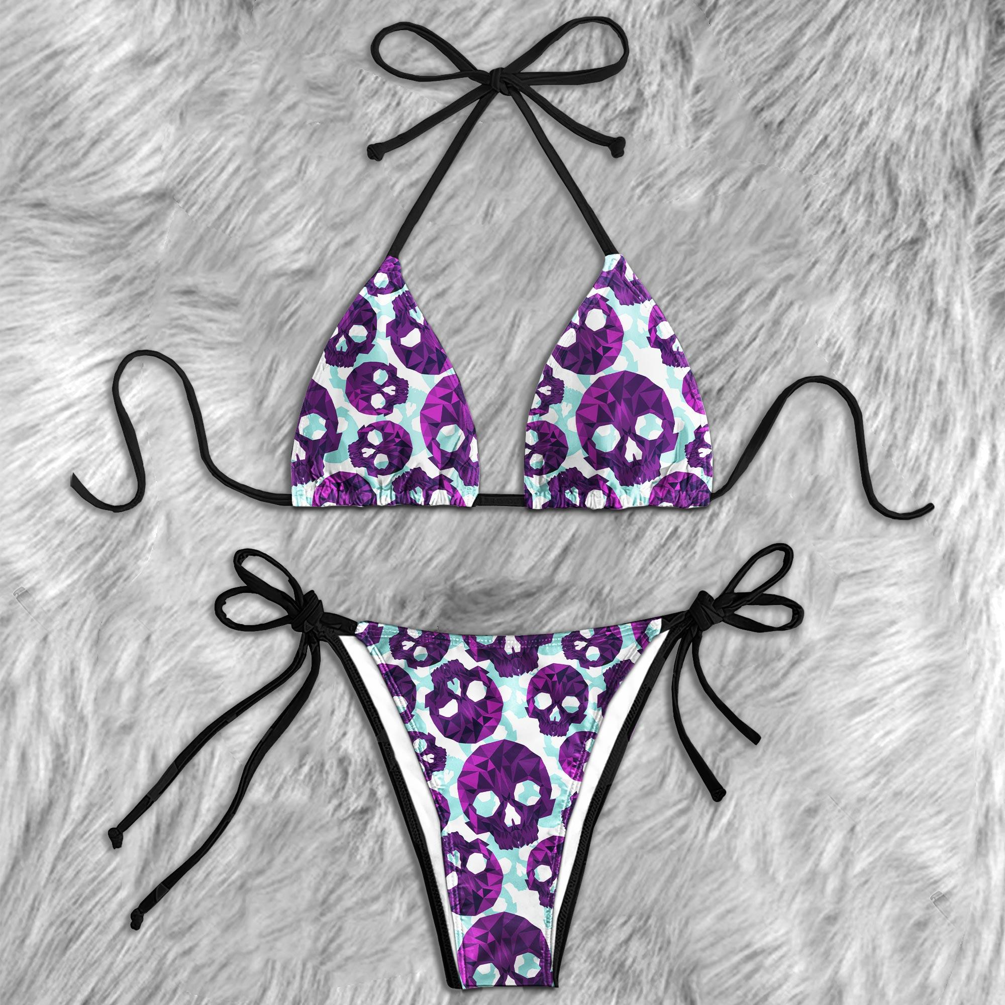 Pastel Violet Blue Skull Pattern Micro Triangle Bikini Swimsuit - Wonder Skull