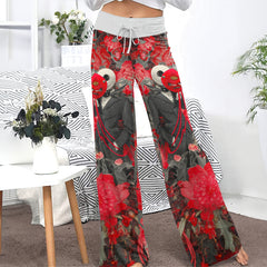 Masked Skeleton Red Bloom Women's High-waisted Wide Leg Pants