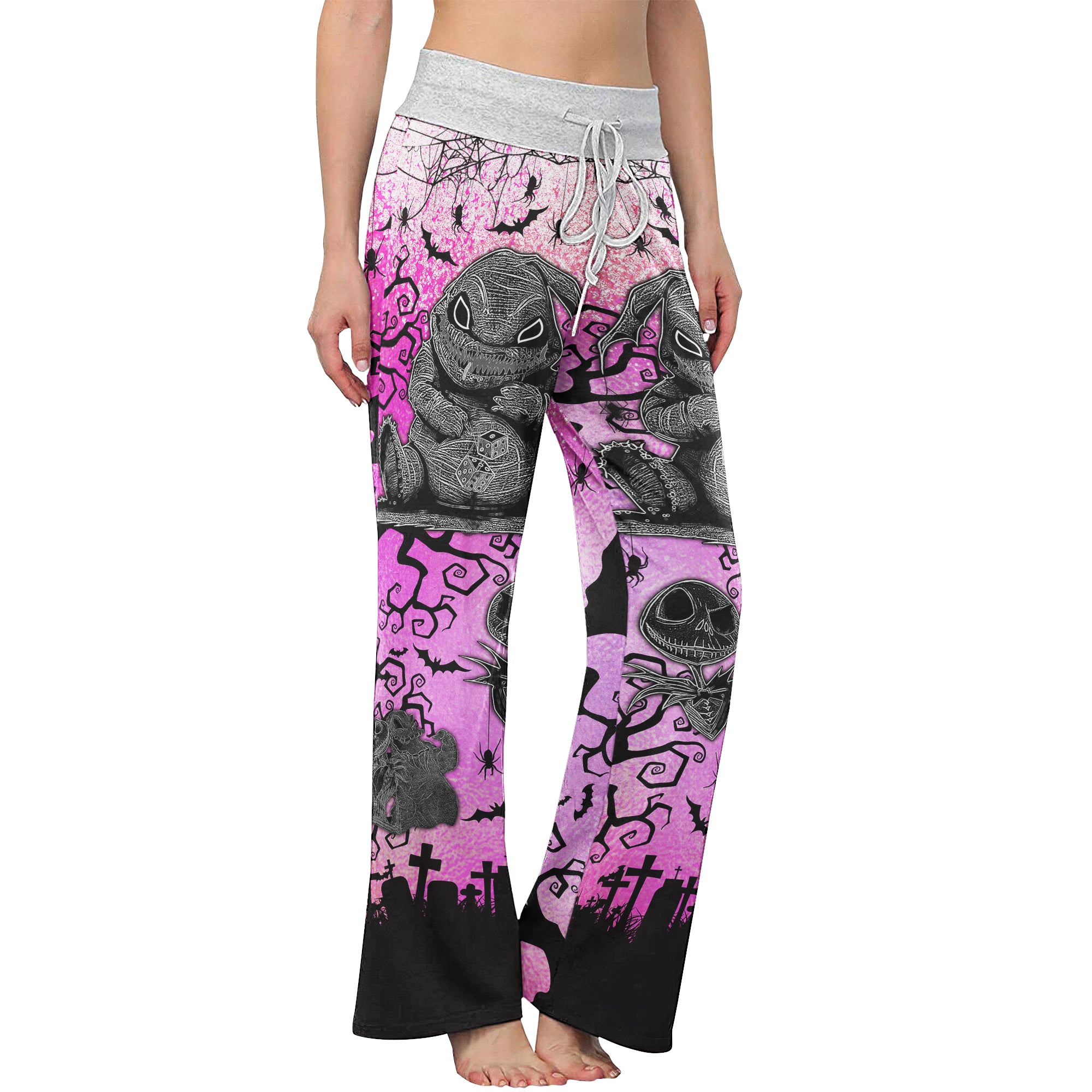Pink Nightmare Bat Theme Women's High-waisted Wide Leg Pants | Wonder Skull