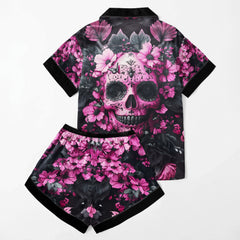 Pink Skull Flower Women's Pajama Sets Top Sleeve & Short Bottom