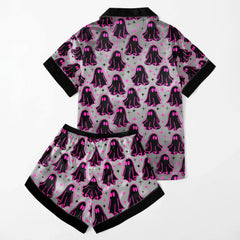 Pink Boo Pattern Women's Pajama Sets Top Sleeve & Short Bottom